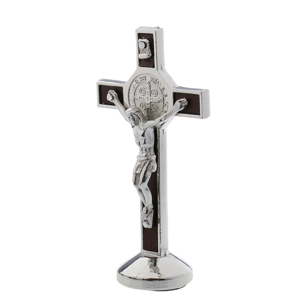 9cm Metal Crucifix Cross Statue Jesus Christ Model with Sticky Base Christian Crucifix Catholic Home Desktop Decoration