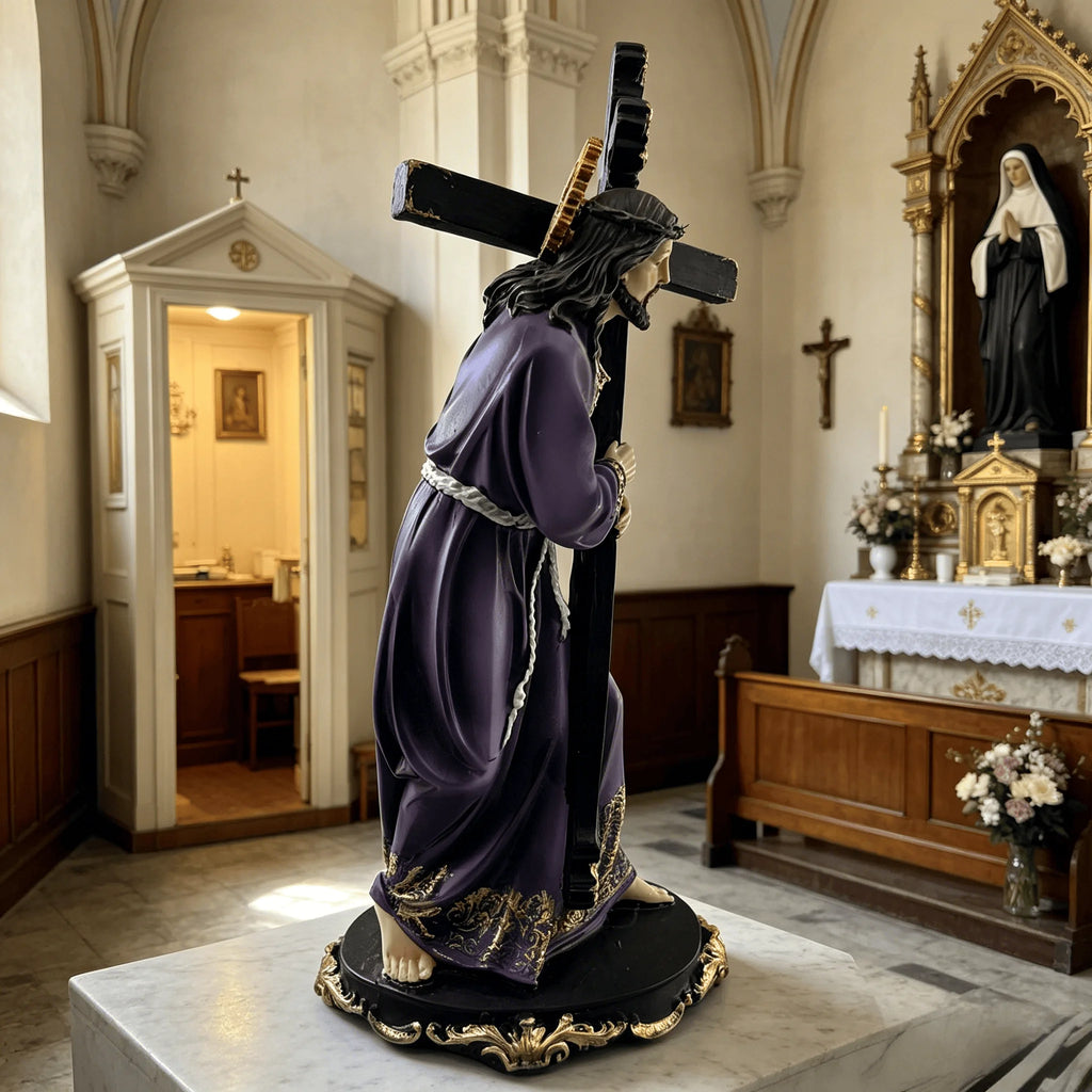 Jesus Carrying Cross Statue | Purple Robe Christ Bearing the Cross Figurine & Home Decor