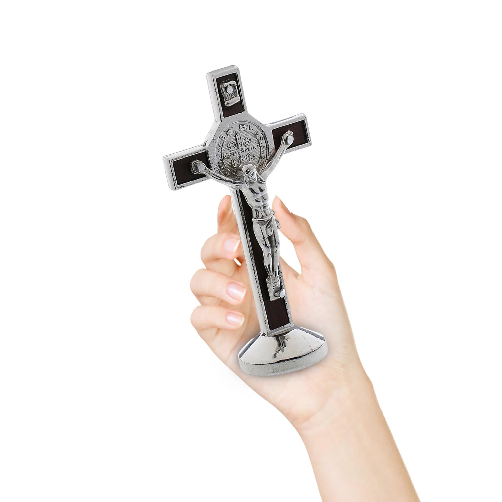 9cm Metal Crucifix Cross Statue Jesus Christ Model with Sticky Base Christian Crucifix Catholic Home Desktop Decoration