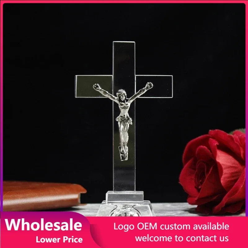 Jesus Cross Statue Christian Crystal Cross Church Ornaments Religious Style Desktop Decoration Creative Figurine Sculpture