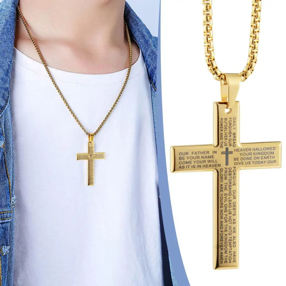 Christian Bible Cross Chain Necklace Steel Big Pendant Necklace Men's Religious Prayer Jewelry Corrente Masculina