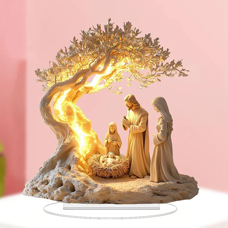 Jesus Life Tree Acrylic Statue Desktop Ornament Christian Religious Family Gift Baptism Newborn Welcome Church Decoration