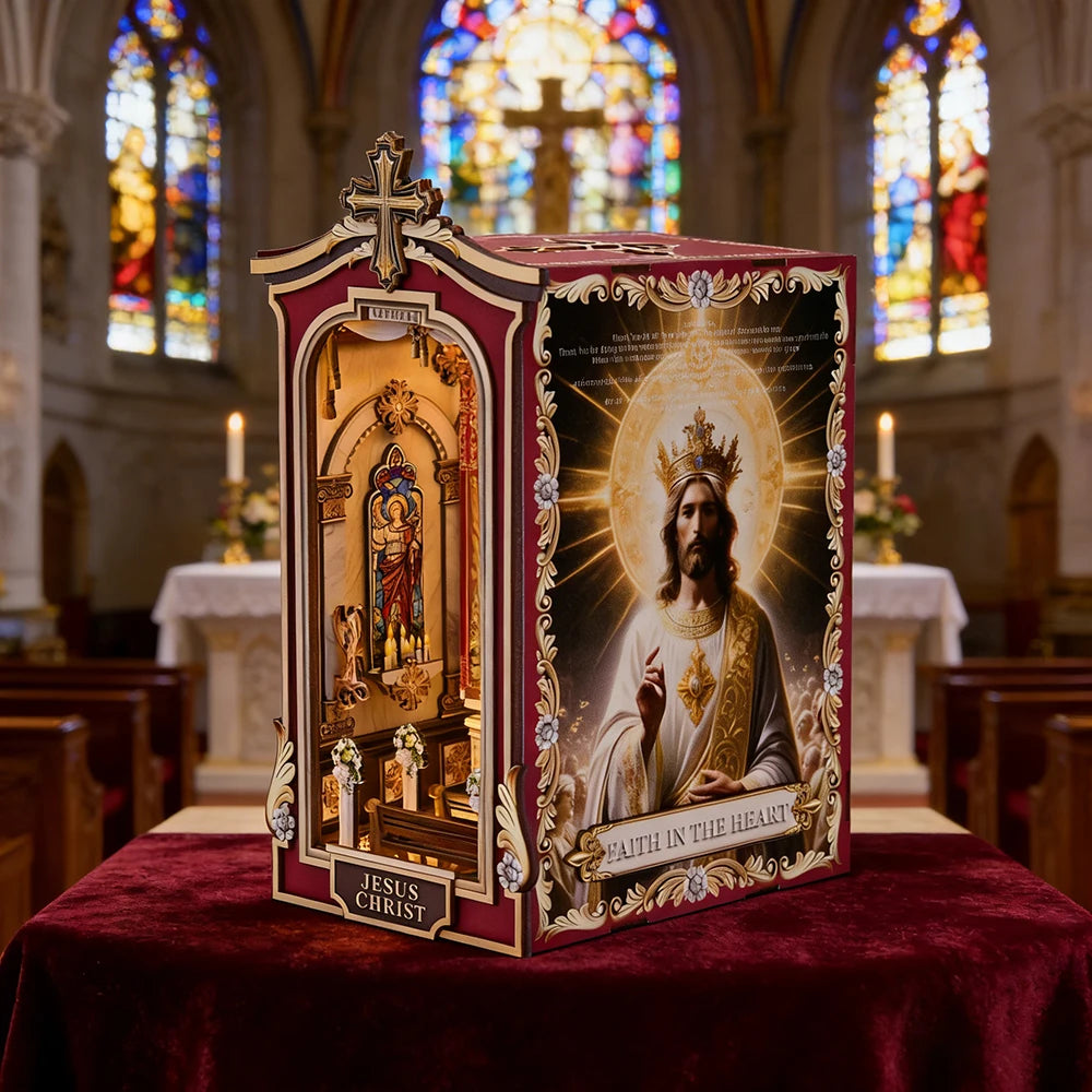 Book Nook Kit Christian DIY Wooden Puzzle Church of Jesus Bookshelf Dollhouse Model Bookend Building Easter Home Decoration