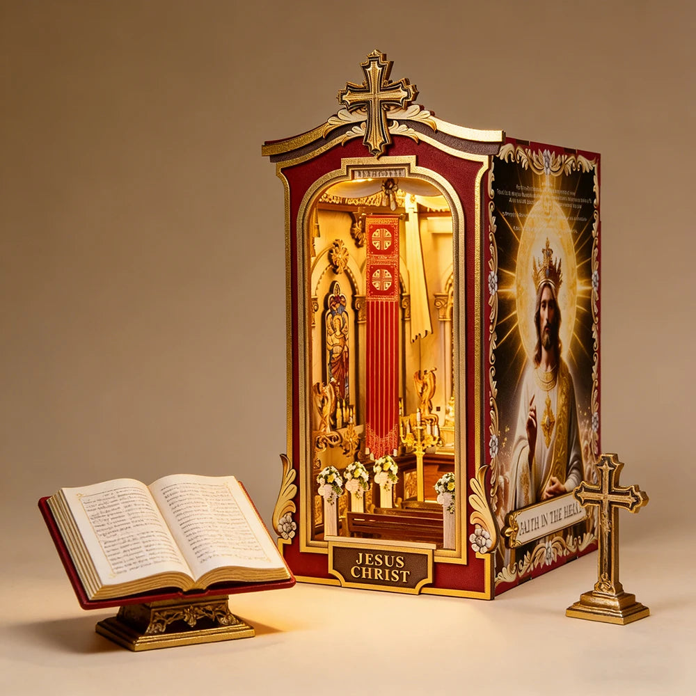 Book Nook Kit Christian DIY Wooden Puzzle Church of Jesus Bookshelf Dollhouse Model Bookend Building Easter Home Decoration