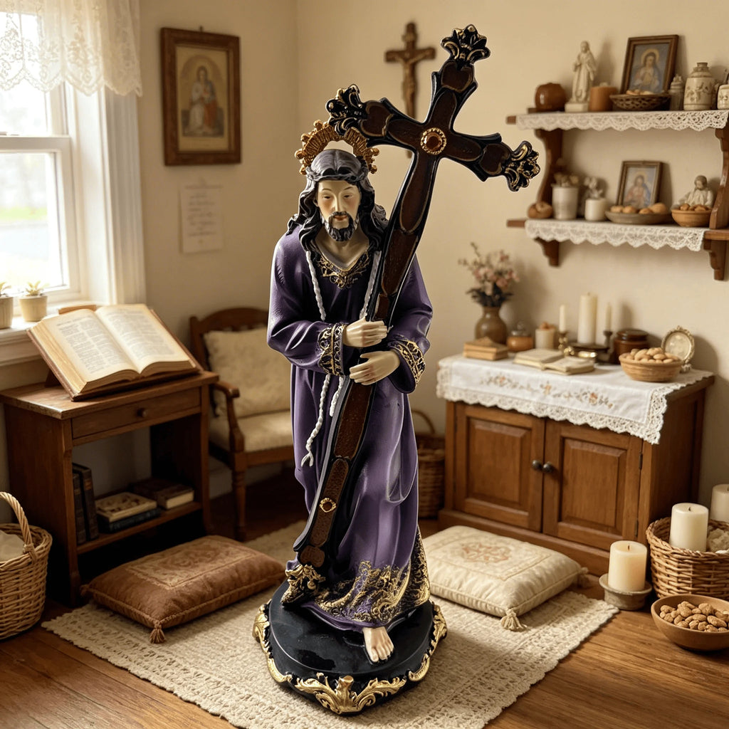 Jesus Carrying Cross Statue | Purple Robe Christ Bearing the Cross Figurine & Home Decor