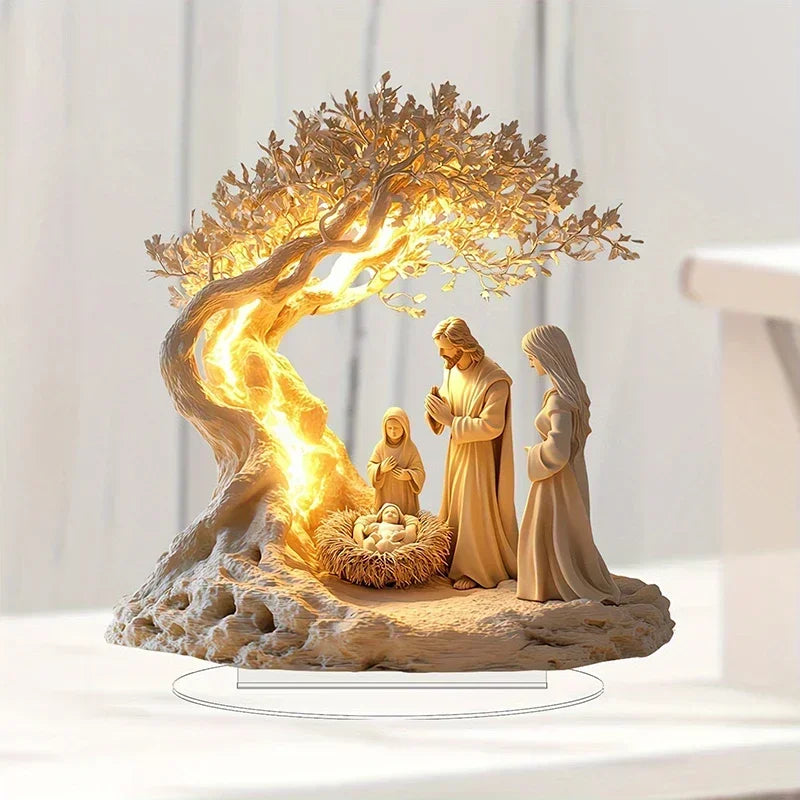 Jesus Life Tree Acrylic Statue Desktop Ornament Christian Religious Family Gift Baptism Newborn Welcome Church Decoration