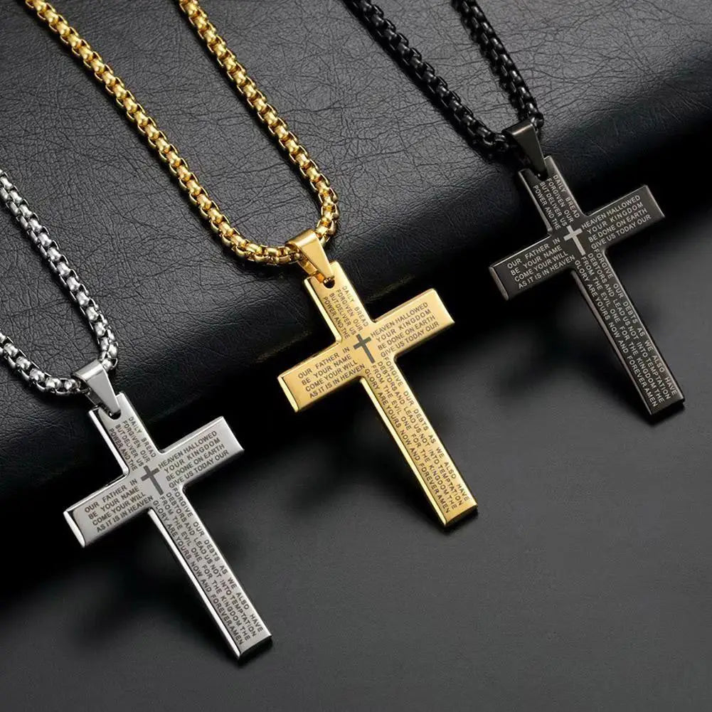 Christian Bible Cross Chain Necklace Steel Big Pendant Necklace Men's Religious Prayer Jewelry Corrente Masculina