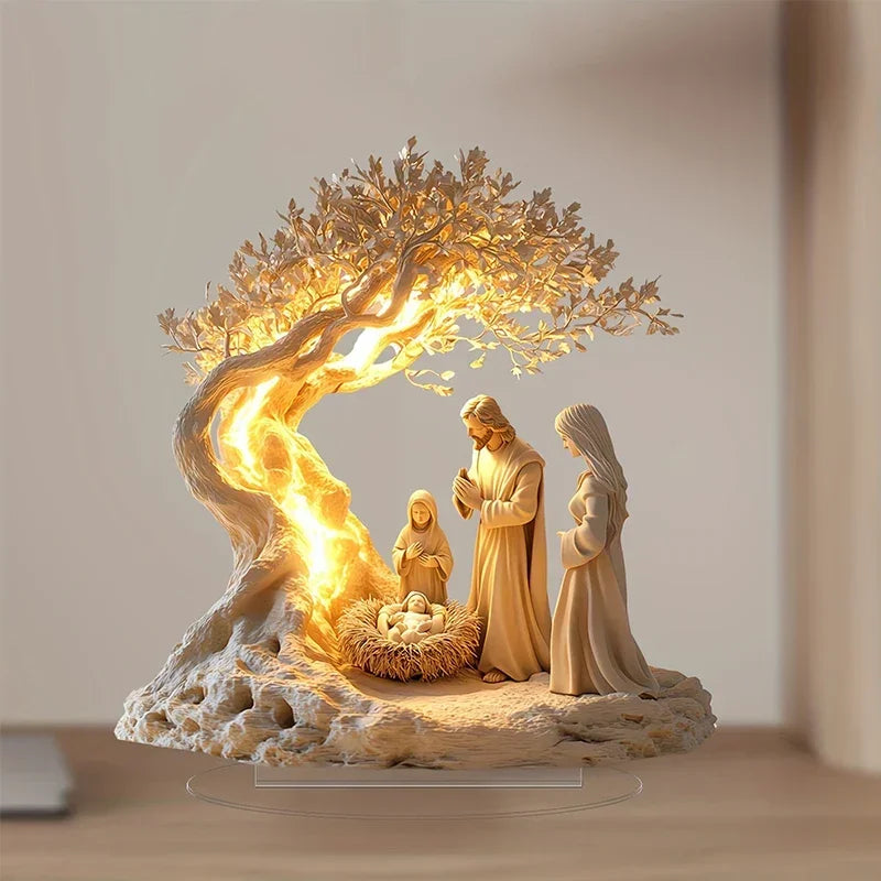 Jesus Life Tree Acrylic Statue Desktop Ornament Christian Religious Family Gift Baptism Newborn Welcome Church Decoration