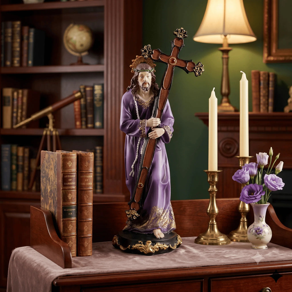 Jesus Carrying Cross Statue | Purple Robe Christ Bearing the Cross Figurine & Home Decor