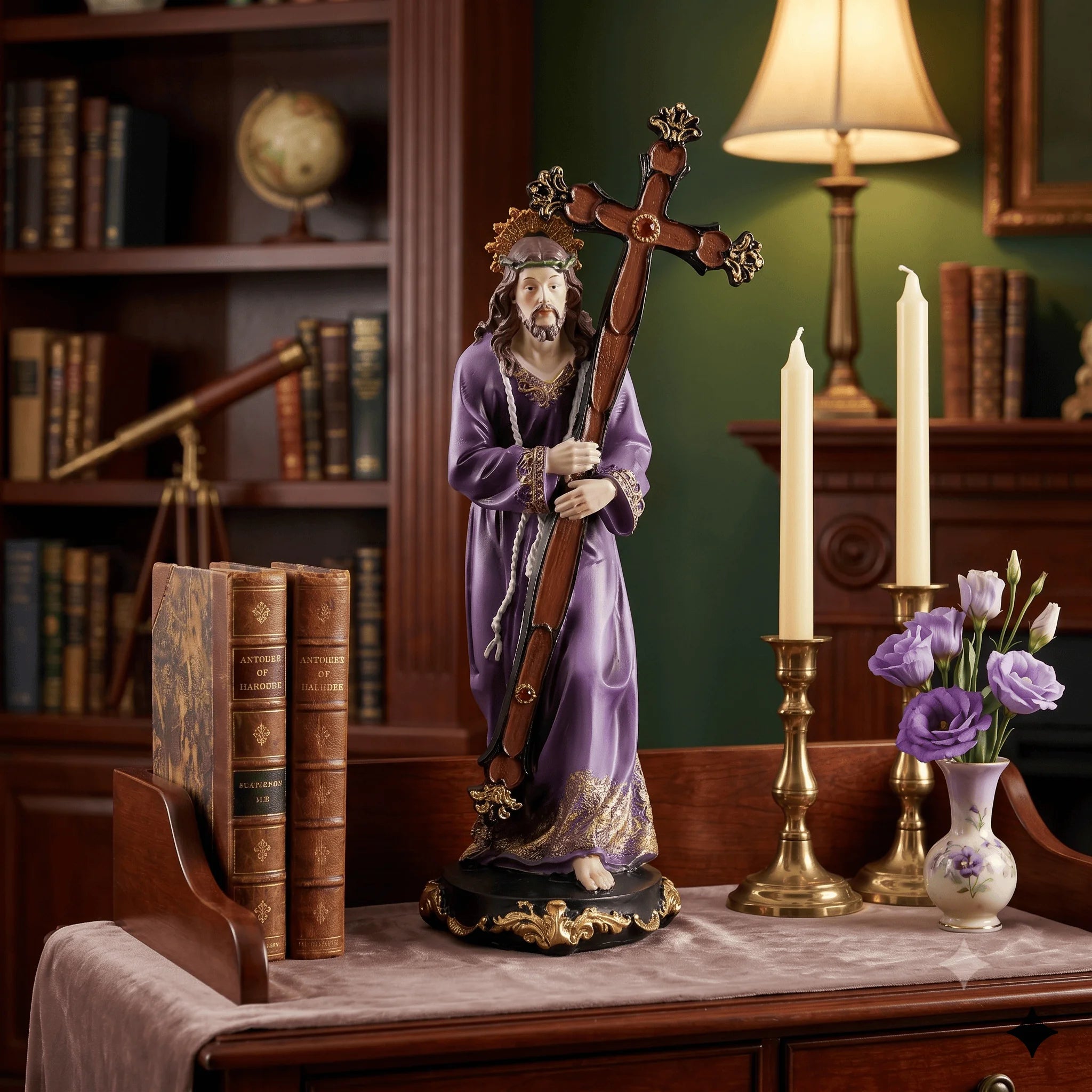 Jesus Carrying Cross Statue | Purple Robe Christ Bearing the Cross Figurine & Home Decor