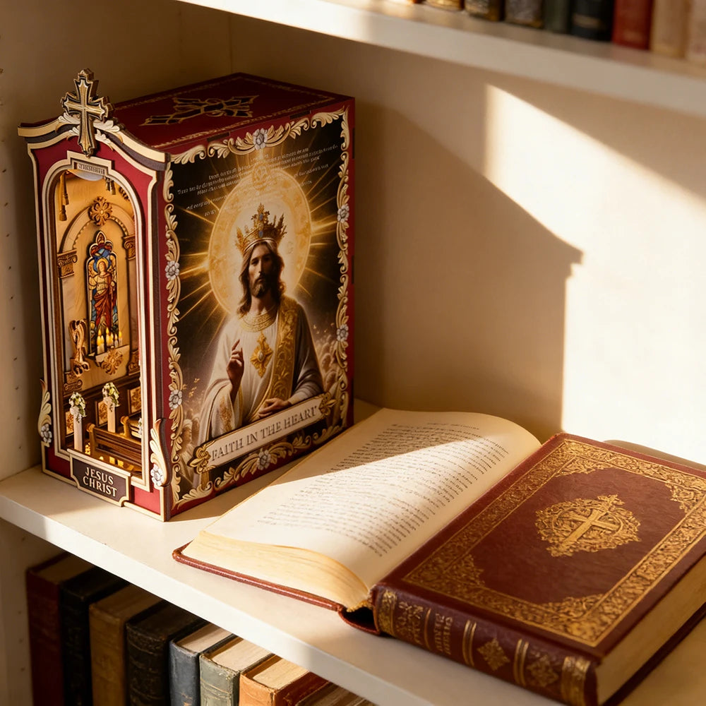 Book Nook Kit Christian DIY Wooden Puzzle Church of Jesus Bookshelf Dollhouse Model Bookend Building Easter Home Decoration